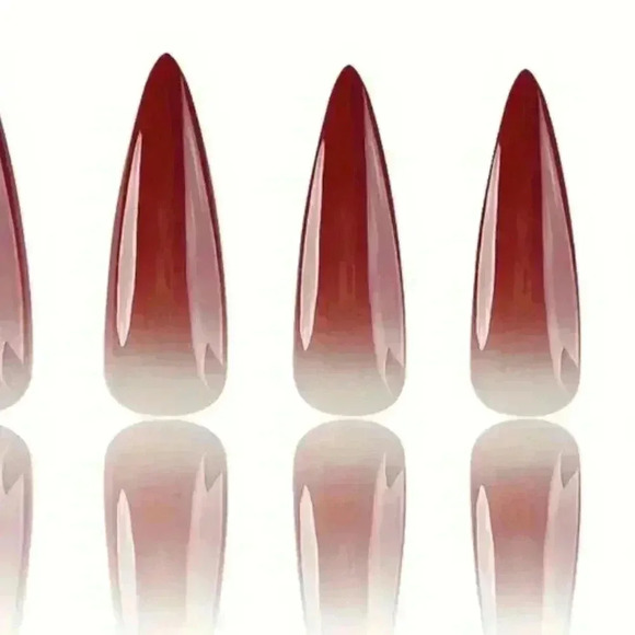 #32 24pcs Glossy Long Stiletto Press-On Nails - Wine Red Gradient with Stripe - Picture 7 of 10